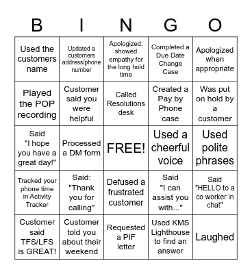 Call Center Bingo Card