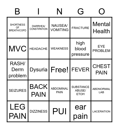 WestHealth CHIEF COMPLAINT BINGO Card