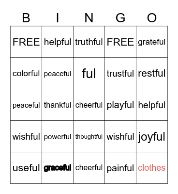SUFFIX FUL Bingo Card