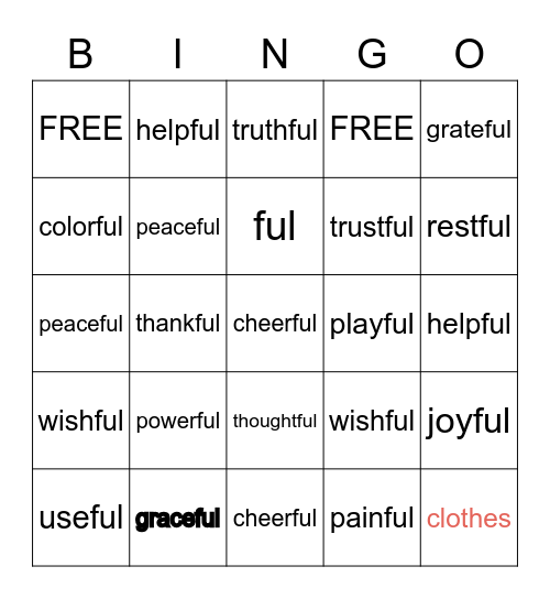 SUFFIX FUL Bingo Card