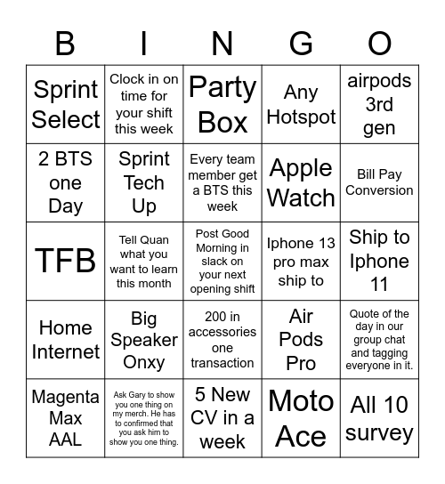 Killian Knights Bingo Card