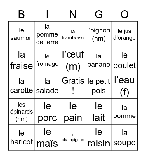 La Nourriture Bingo Card