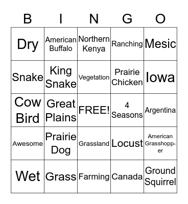 Prairie Bingo! Bingo Card