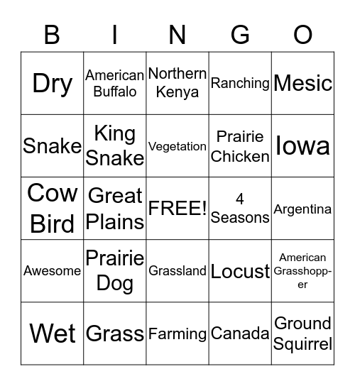 Prairie Bingo! Bingo Card