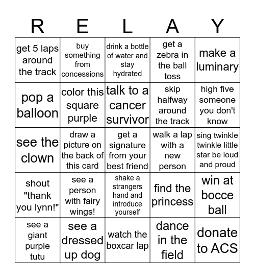 Relay for Life Bingo Card