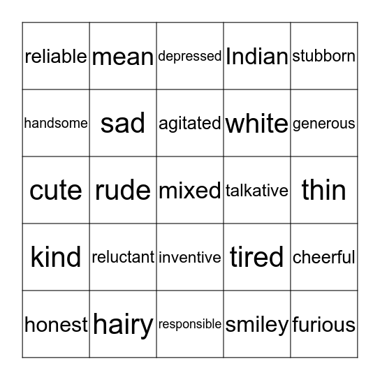 ADJECTIVES Bingo Card