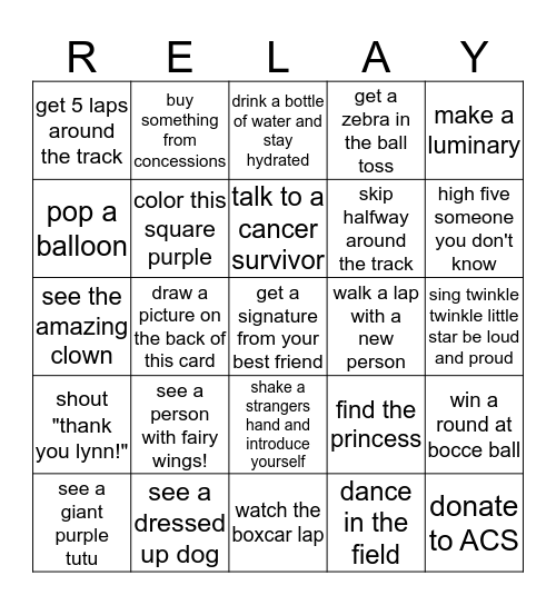 Relay for Life Bingo Card
