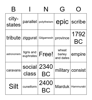Mesopotamian Life Bingo Card