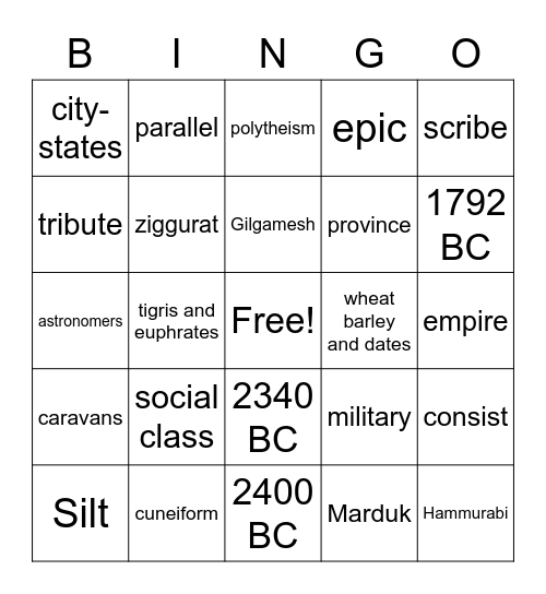 Mesopotamian Life Bingo Card