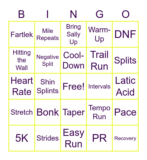 Cross Country Bingo Card