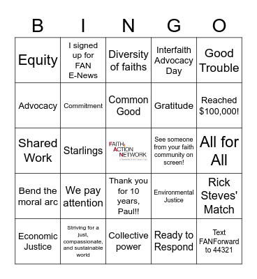 Faith Action Network Bingo Card