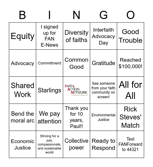 Faith Action Network Bingo Card