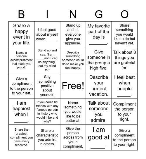 Self-Esteem BINGO Card