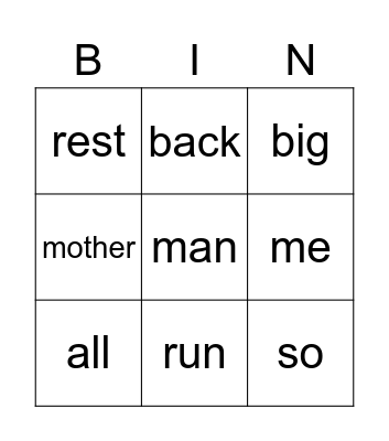 rhyme time Bingo Card