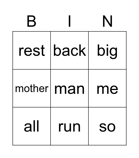 rhyme time Bingo Card