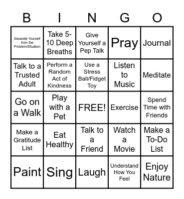 Coping Skills Bingo Card