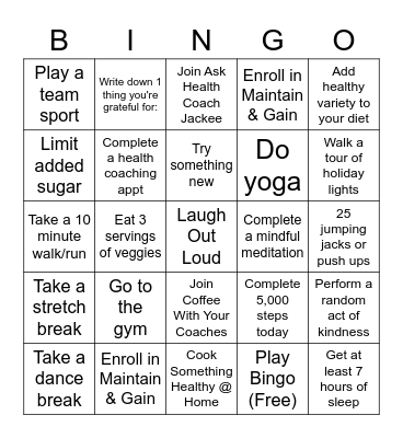Healthy Holidays BINGO Card