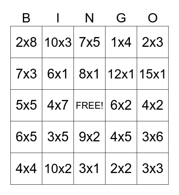 Multiplication Bingo Card