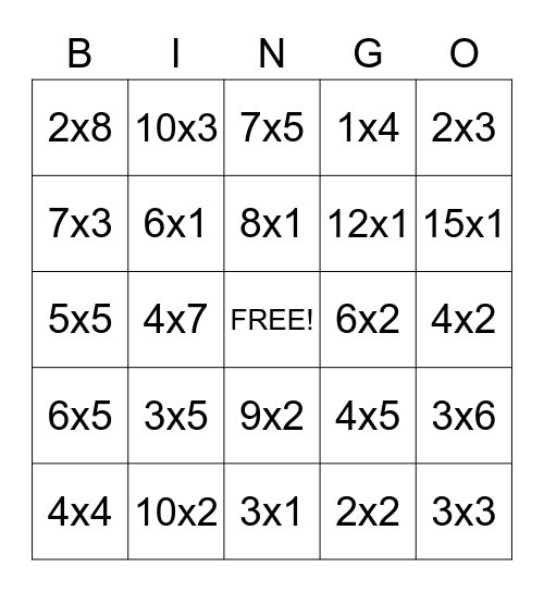 Multiplication Bingo Card