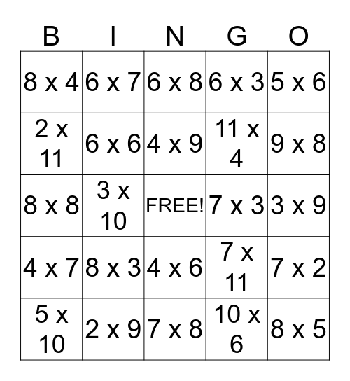 Multiplication Bingo Card