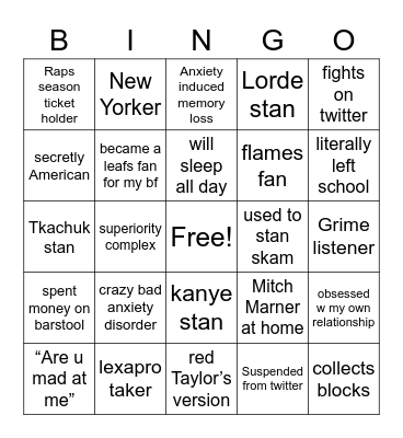 Erica’s red flags Bingo Card