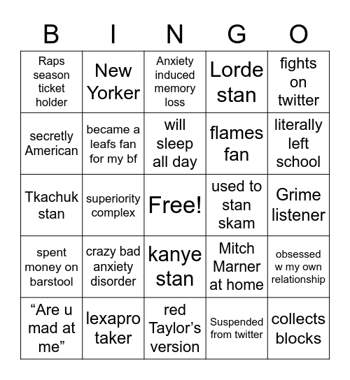 Erica’s red flags Bingo Card