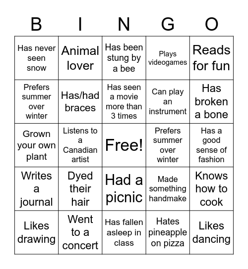 Get to Know Me Bingo Card