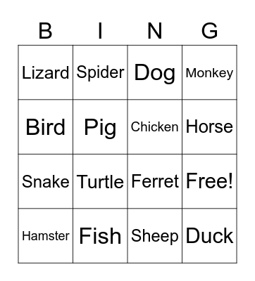 Animal Vocabulary Bingo Card