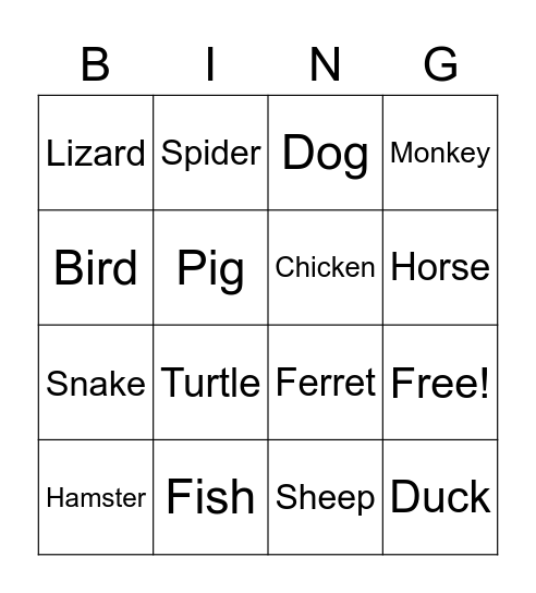 Animal Vocabulary Bingo Card