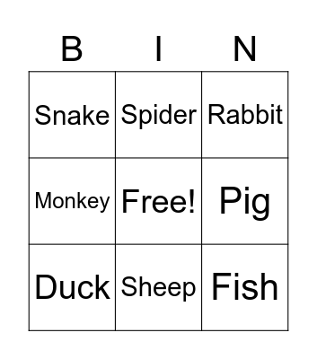 Animal Vocabulary Bingo Card