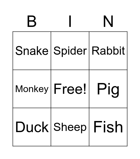 Animal Vocabulary Bingo Card