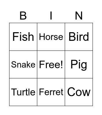 Animal Bingo Card