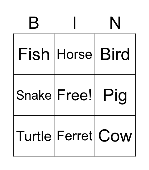 Animal Bingo Card