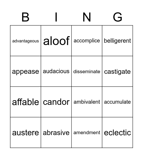 8th Grade Vocabulary Bingo Card