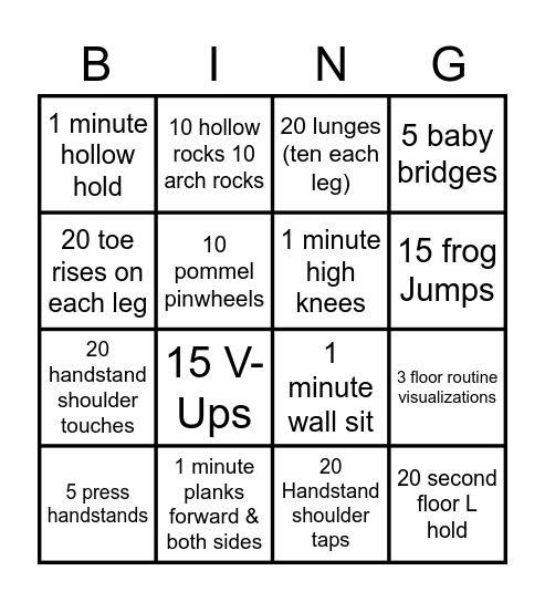 USGA Conditioning Bingo Card