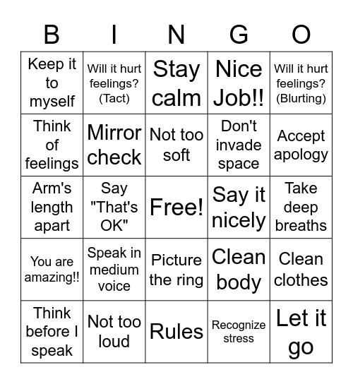 7th Grade Social Skills Bingo Card