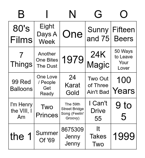 Songs With A Number In The Title Bingo Card
