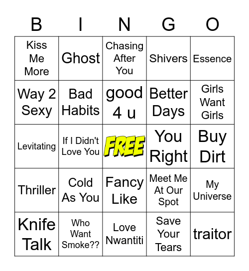 Billboard Top Songs Bingo Card