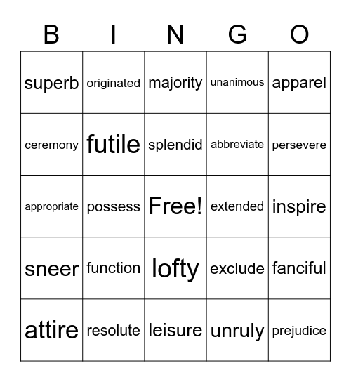 VOCABULARY BINGO Card