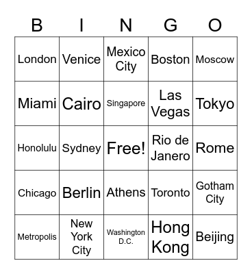All cities of the world BINGO Card