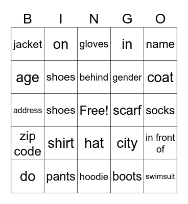 Clothes and More Bingo Card
