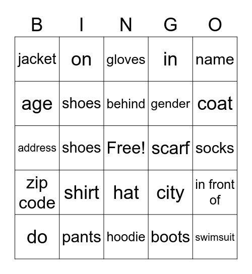 Clothes and More Bingo Card