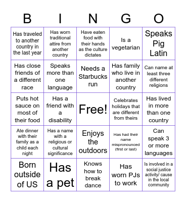 Cultural Diversity Bingo Card