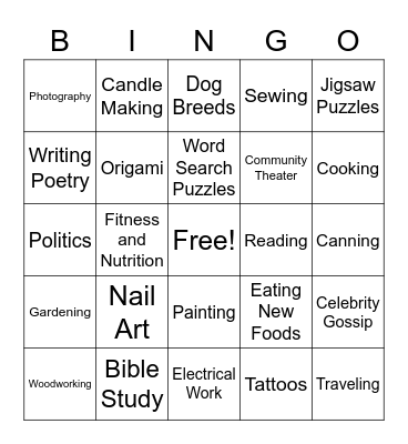 What Interests You? Bingo Card