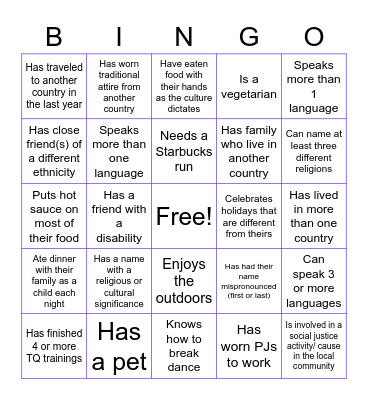 Cultural Diversity Bingo Card