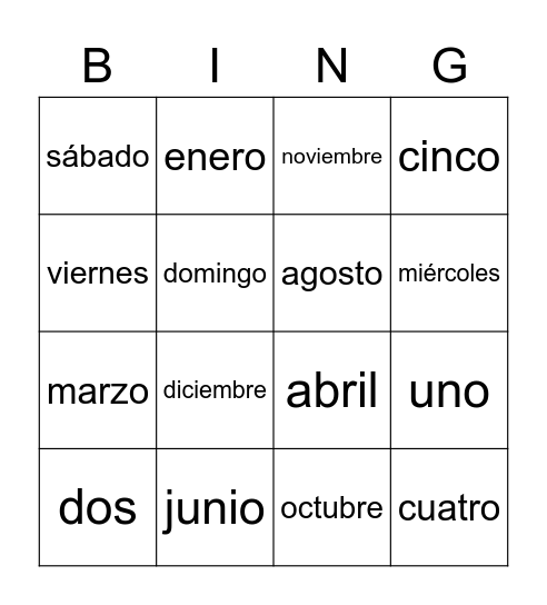 Días de la semana y meses del año Bingo Card