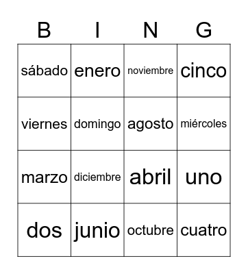 Días de la semana y meses del año Bingo Card