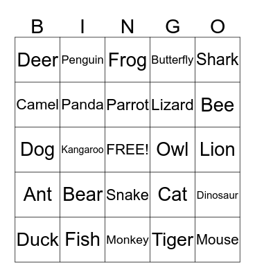 Animals Bingo Card