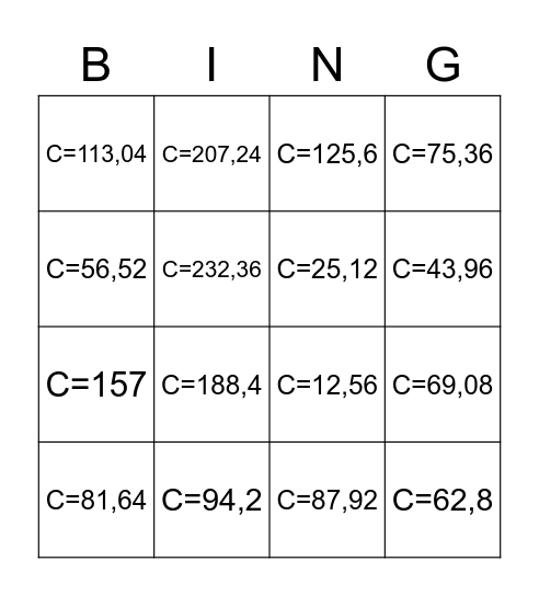 Bingo da Circunferência Bingo Card