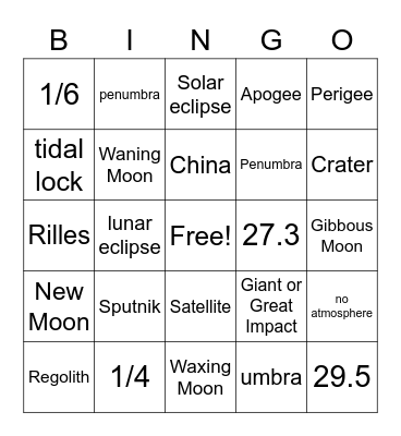 Moon Phase Bingo Card